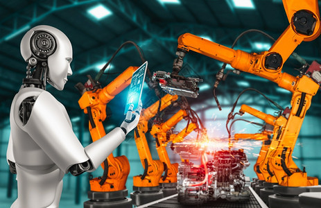 机械化工业器人和械臂双曝光图像工业革命和未来厂自动化制造过程的人工智能概念机械化工业器人和械臂双曝光图像工程师业的科学